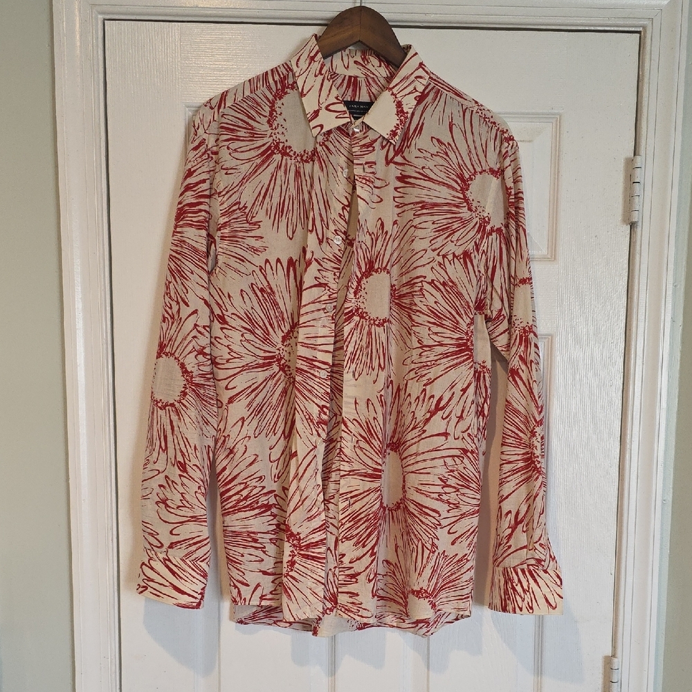 Zara Red and Cream Casual Button Down Shirt with Tropical Print
